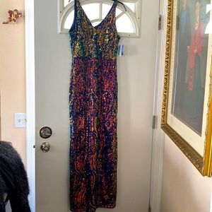 Gorgeous blue, red and gold sequined dress.  Size 12.  R&M Richard’s brand.